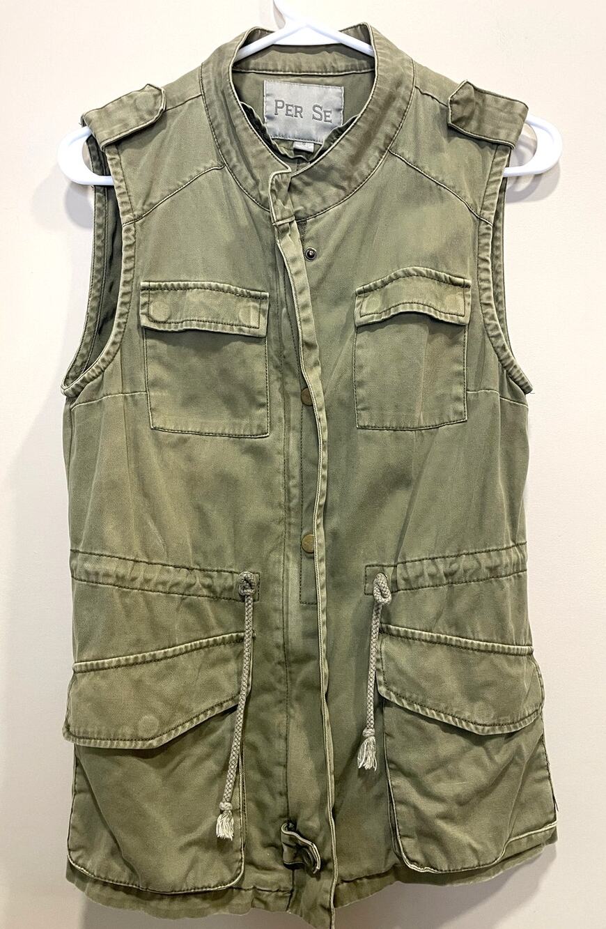 Per Se Womens Small Cargo Vest Sleeveless Jacket Utility Safari Full Zip78